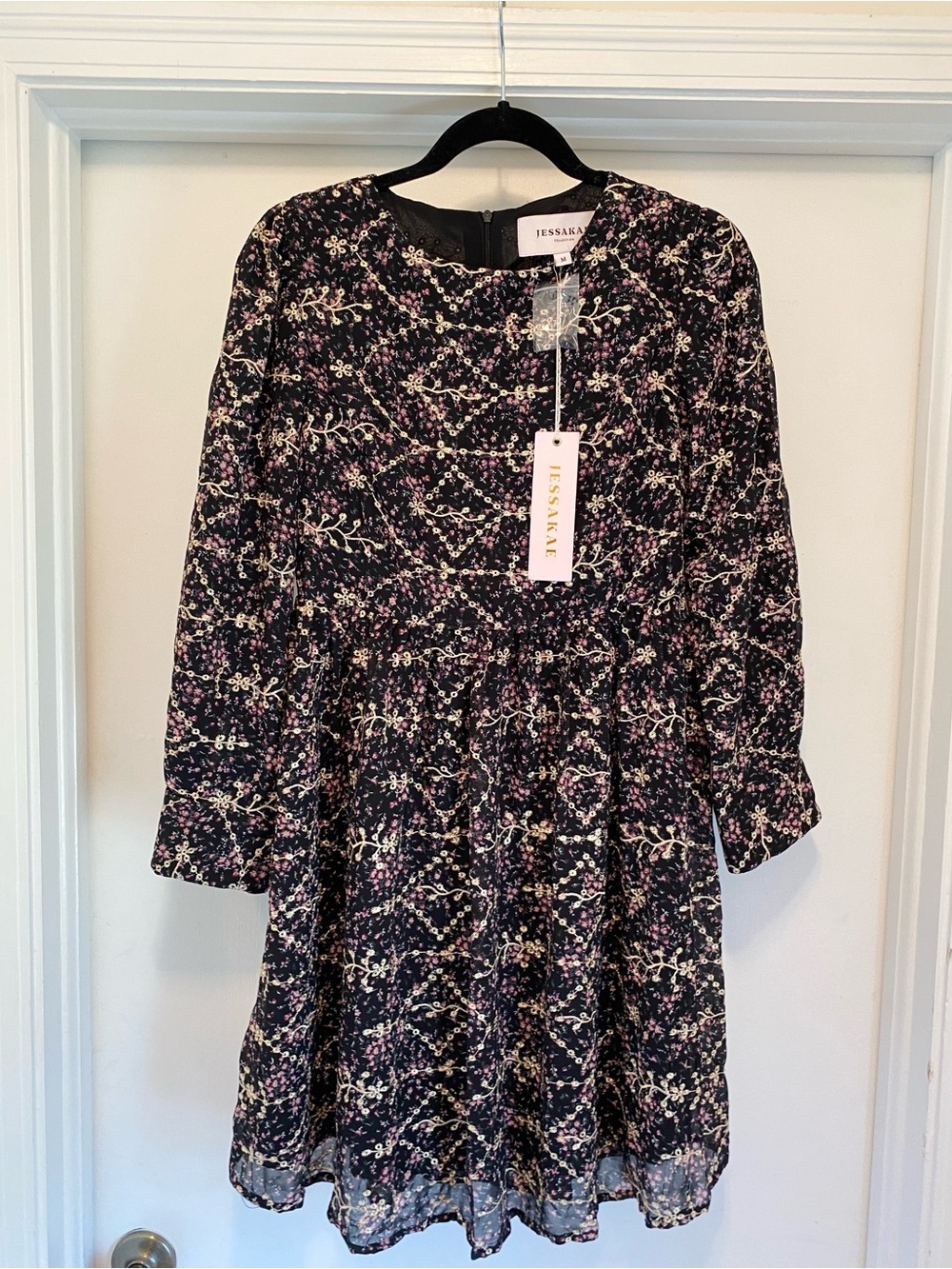NWT JessaKae Black Floral Embroidered Mini Dress Medium gold cocktail wedding
